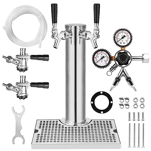 TMCRAFT Kegerator Tower Kit, Double Tap Beer Conversion Kit, Stainless Steel Beer Tower with Dual Gauge CGA-320 Regulator & D-System Keg Coupler for Bars, Pubs, and Restaurants