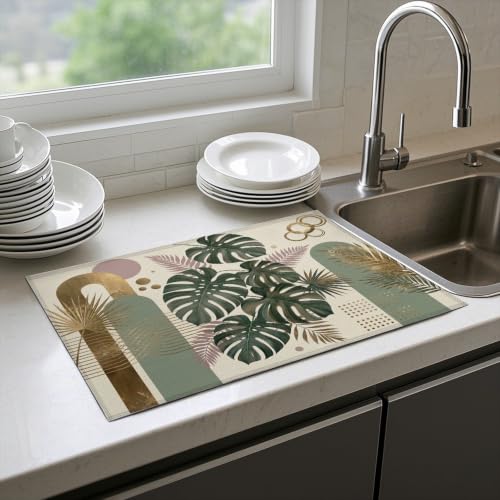 Absorbent Kitchen Dish Drying Mat Quick Dry Heat Resistant Hide Stain for Glasses Coffee Espresso Machines Pots Pans and Dish Racks,18" x 24" Boho Monstera Gold Geometric Pattern - color: Boho Monstera Gold Geometric