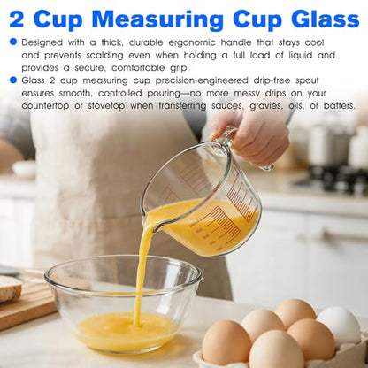 2-Cup Liquid Glass Measuring Cups 16 OZ for Kitchen Baking Coffee | Borosilicate Measuring Cups with Handle/V-Spout, Heatproof, Easy-Read Marks, Microwave Safe, Heavy Duty for Baking & Cooking