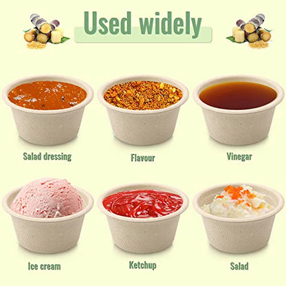 LeonBach 100 Pack Natural Bagasse Fiber Bowls 2oz Disposable Paper Cups Microwavable Safe Sample Snack Charcuterie Serving Cups Disposable Ramekins for Sauce Portion Condiment Ice Cream Desserts - color: Brown, style: 2oz-100 Pack