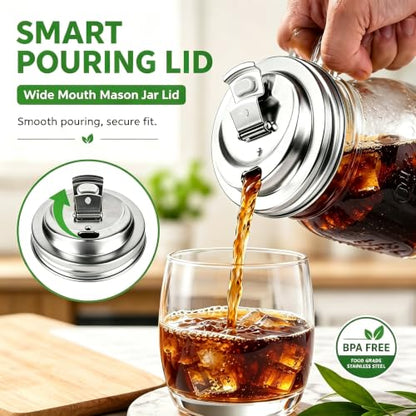 Metal Shaker Lids for Mason Jars, Reusable Stainless Steel Sip Lid for Wide Mouth Jars 16/24/32/64oz, Leak Proof Seal Flip Drink Covers for Iced Coffee, Smoothies & Cold Drinks, 2 Packs