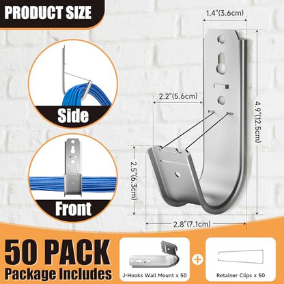 50 Pack J Hooks for Cable Management | 2 Inch Galvanized Steel J-Hook with Retainer Clip for Hanging Cable & Wire Support Ceiling Mount to Ceilings Beams