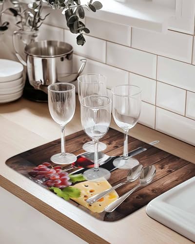 Absorbent Dish Drying Mat for Kitchen Counter,Farm Red Wine Grape Vintage Wood Board Microfiber Quick Dry Pad Dishes Drainer Rack Mats for Under Sink Utensils 18x24in,1 Pack,Cheese Fruit Wine Glass - size: 18x24inx1pcs