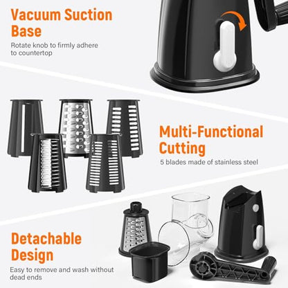 Rotary Cheese Grater Hand Crank, 5-in-1 Vegetable Shredder Chopper Spiralizer Slicer with 5 Interchangeable Blades for Vegetable, Cheese, Fruit, with Blades Storage Box & Stable Suction Base (Black) - color: Black