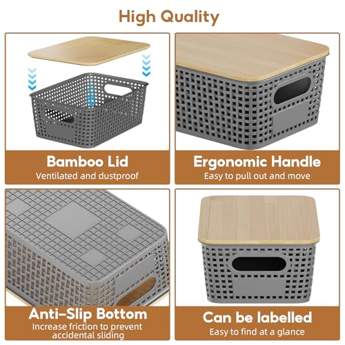 8 Pcs Plastic Storage Bins with Bamboo Lids and Labels 5.29qt Stackable Box Basket Pantry Decorative Containers, Small Storage Baskets for Drawers Organizing Closets Bedrooms Cabinets 10*7.2*4.1" - style: Gray-Bamboo Lid