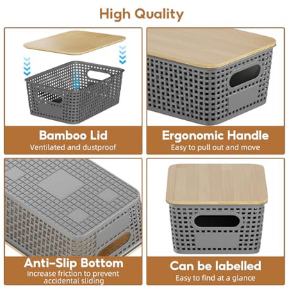 8 Pcs Plastic Storage Bins with Bamboo Lids and Labels 5.29qt Stackable Box Basket Pantry Decorative Containers, Small Storage Baskets for Drawers Organizing Closets Bedrooms Cabinets 10*7.2*4.1" - style: Gray-Bamboo Lid