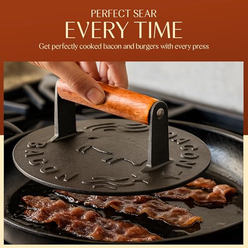 Heavy-Duty Cast Iron Burger Press 7 Inch Round Burger Smasher, Grill Press for Cooking Burgers, Bacon, Sandwiches, Steak, Ground Beef, Meats, Sausages - size: 7" Bacon Press