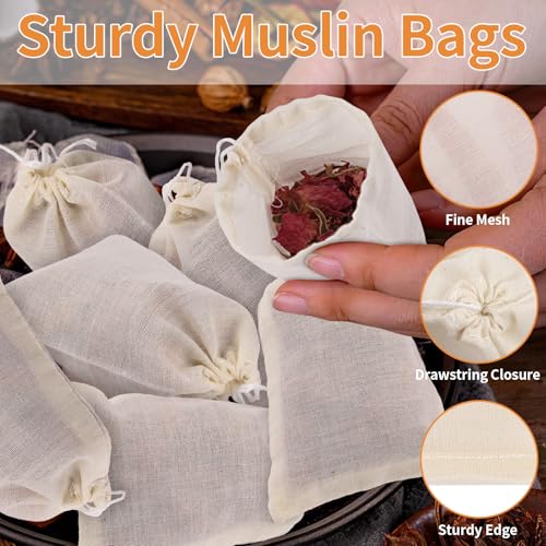 60 Pcs Empty Spice Bags for Cooking Soup, 3x4 In Natural Muslin Drawstring Bag, Reusable Tea Bags for Loose Tea, Small Cheese Cloth Cotton Bag for Straining, Unbleached Cheesecloth Herb Sachet Bag - size: 3x4 IN - 60 PCS