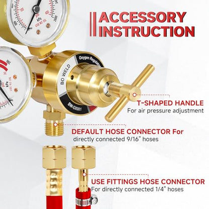 Acetylene Regulator Fits CGA-200 Valves Only, 0-400PSI and 0-30PSI Welding Gas Gauges With 9/16"-18 Outlet Thread and 1/4" Hose Connector, T-Handle - style: Acetylene Regulator