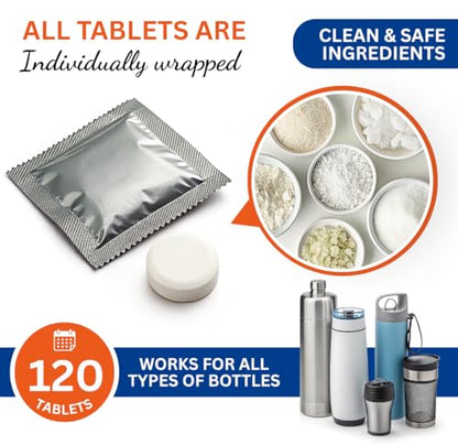 Skyis Water Bottle Cleaning Tablets 120 Pack, Up to 2 Years Supply, No Scrub Bottle Cleaner for Stainless Steel, Tumbler, Hydration Bladder, Coffee Mug, Removes Odor & Stains