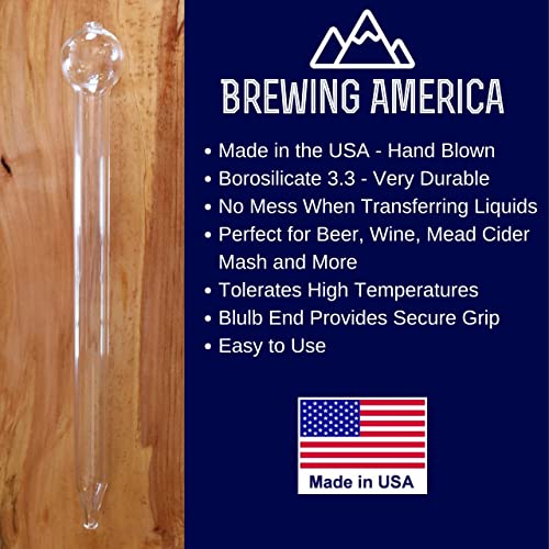 Brewing America Glass Wine Thief for Brewing Wine - Hand Blown Borosilicate 3.3 Long and Narrow for Testing Brew- Made in the USA