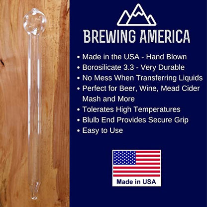 Brewing America Glass Wine Thief for Brewing Wine - Hand Blown Borosilicate 3.3 Long and Narrow for Testing Brew- Made in the USA