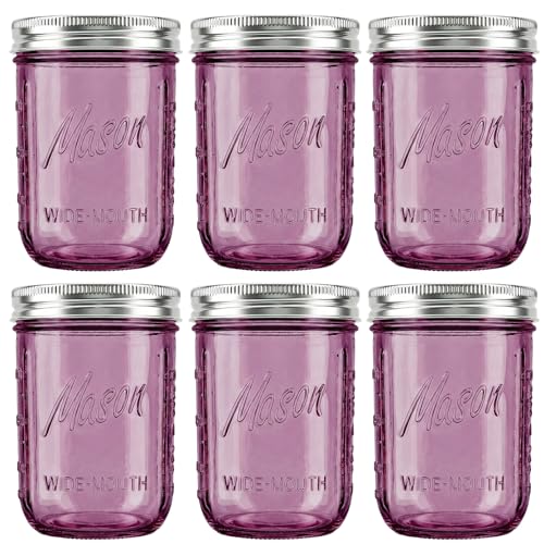 WELLIFE 6-Pack Mason Jars 16 oz with Lids – Purple Wide Mouth Glass Mason Jars, Airtight Leak-Proof Canning Jars for Food Storage, Fermenting, Pickling, Freezing, and Crafts - color: Pink Mason Jars 16oz-6Pcs