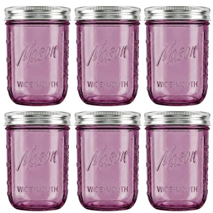 WELLIFE 6-Pack Mason Jars 16 oz with Lids – Purple Wide Mouth Glass Mason Jars, Airtight Leak-Proof Canning Jars for Food Storage, Fermenting, Pickling, Freezing, and Crafts - color: Pink Mason Jars 16oz-6Pcs