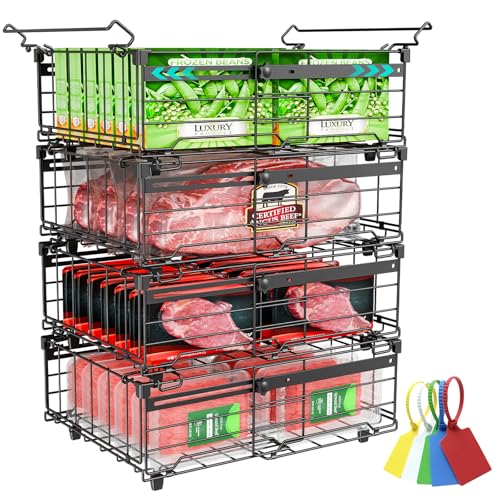 OPENICE Deep Freezer Organizer Bins, Expandable from 11.0" to 17.0" Stackable Freezer Baskets for Chest Freezer with 5 Tags, Bins for Chest Freezer Organization - 4 PCS, Black - color: Black