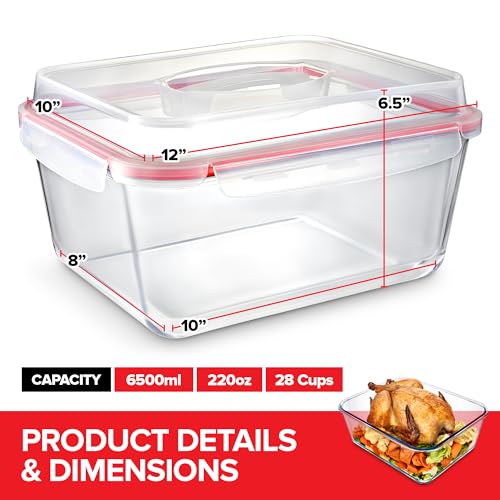Stock Your Home 28 Cup Extra Large Rectangular Glass Food Storage Container with Lid, Modern Style, Airtight, Leak Proof, Microwave, Oven, Dishwasher, Freezer Safe, 12.5"L x 10"W x 6.5"H