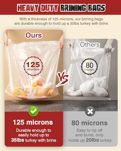 Turkey Brine Bag, 26"×22", 2 Pack, Extra Large Brining Bags for Thanksgiving Turkey, Chicken, Beef, Fish, Pork - Holds up to 35lbs, Double Zipper Heavy Duty Brine Bag with 2 Cotton Strings & Clips