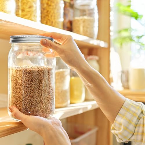 STARSIDE Mason Jars 32oz 4-Pack with Wide Mouth Airtight Lids | 1L Glass Canning Jars with Measuring Marks for Pickles, Jams, Salad, Food Storage, Includes Labels, Pen & Brush