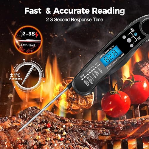 New 2-in-1 Instant Read Meat Thermometer for Cooking, Fast & Precise Digital Food Thermometer with Backlight, Magnet, Waterproof and Dual Foldable Probe for Kitchen Oven, Deep Fry, BBQ, Grill (Black)