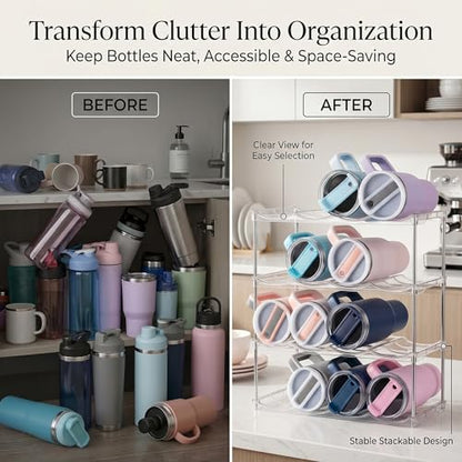 Stackable Water Bottle Organizer 4 Tier Holds 16 Bottles, Storage Rack for Stanley 40oz Cups & Tumblers, Water Bottle Organizer Cabinet Holder for Kitchen, Pantry, Fridge, Shaker Bottle Storage Rack