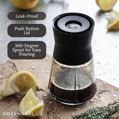 Rosendahl Grand Cru 8.5 Oz Dressing Shaker - Elegant Black Glass Container with Push-Button Lid, 360-Degree Spout for Easy Pouring, Leak-Proof, Multifunctional Kitchen Essential for Homemade Dressings - size: 9.1x9.1x15.1