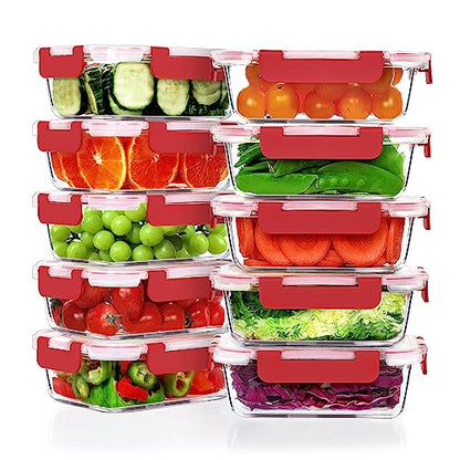 VERONES 10 Pack 22 OZ Glass Meal Prep Containers, Airtight Glass Lunch Containers Set, Glass Food Storage Containers with Lids,Exclusive of BPA, for Microwave, Oven, Freezer & Dishwasher Friendly,Red - color: Red