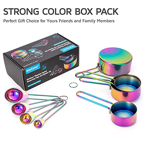 WELLSTAR Measuring Cups and Spoons Set of 8, Food Grade 18/8 Stainless Steel Measure set for Dry Liquid Measurement, Rainbow Titanium Coated Kitchen Gadgets for Cooking Baking, 4 Cup and 4 Spoon