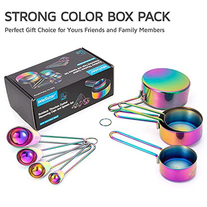 WELLSTAR Measuring Cups and Spoons Set of 8, Food Grade 18/8 Stainless Steel Measure set for Dry Liquid Measurement, Rainbow Titanium Coated Kitchen Gadgets for Cooking Baking, 4 Cup and 4 Spoon