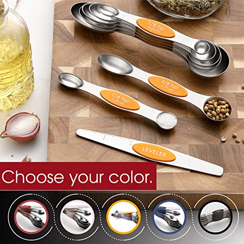 Spring Chef Stainless Steel Magnetic Measuring Spoons Set of 8 with Leveler, Dual Sided Metal Teaspoon & Tablespoon Measuring Spoons, Kitchen Gadgets for Baking & Cooking, Fits in Spice Jars - Mango - color: Mango, size: 1-Pack