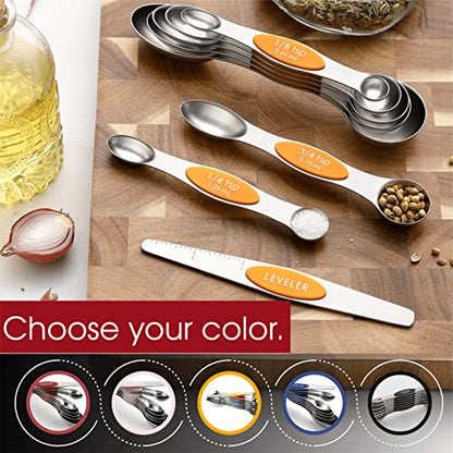Spring Chef Stainless Steel Magnetic Measuring Spoons Set of 8 with Leveler, Dual Sided Metal Teaspoon & Tablespoon Measuring Spoons, Kitchen Gadgets for Baking & Cooking, Fits in Spice Jars - Mango - color: Mango, size: 1-Pack