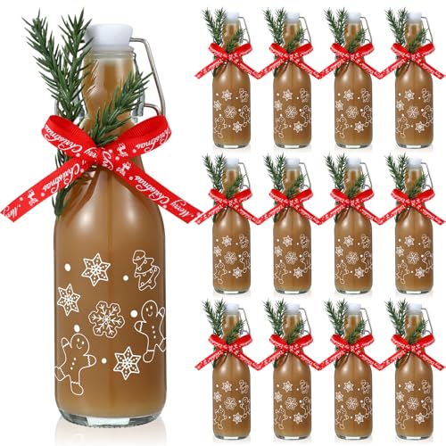 Sieral 12 Pack Christmas Swing Top Glass Bottle 8oz Gingerbread Man Clear Flip Top Beer Brewing Bottles with Ribbon and Artificial Branches for Liquids Wine Christmas Xmas Gifts - style: Gingerbread Man