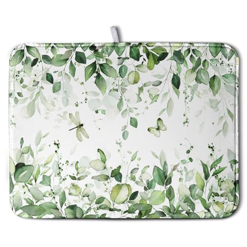 Sage Green Leaf Dish Drying Mat for Kitchen Counter Spring Eucalyptus Leaves Drying Mats Summer Floral Microfiber Absorbent Dishes Pad Reversible Washable Dish Drainer Rack Mat Large 18x24 Inch - color: Eucalyptus Leaves, size: 18" x 24"