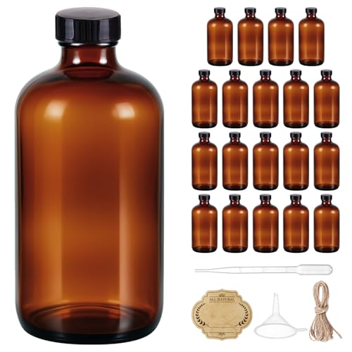 20 Pack,16 OZ Glass Bottles Boston Round Sample Refillable Bottles with Black Caps, Perfect Glass Containers for kombucha, Secondary Fermentation,Storing condiment,Homemade Essential Oils (20P Brown) - color: 20P Brown