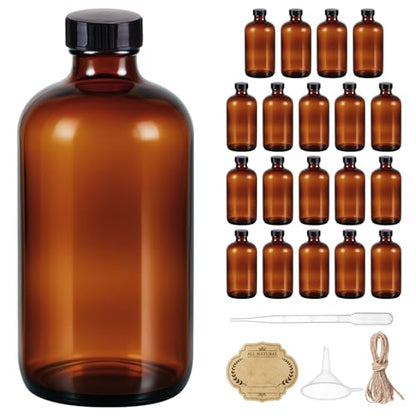 20 Pack,16 OZ Glass Bottles Boston Round Sample Refillable Bottles with Black Caps, Perfect Glass Containers for kombucha, Secondary Fermentation,Storing condiment,Homemade Essential Oils (20P Brown) - color: 20P Brown