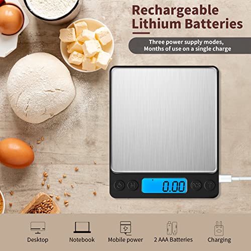 Small Digital Gram Scale 1000g by 0.01g, MEIYA High Accuracy Scale for Food Ounces and Grams, Upgrade USB Charging Kitchen Scale Digital Weight for Cooking, Baking, with Tare Function, 9 Units, 2 Tray - color: Black