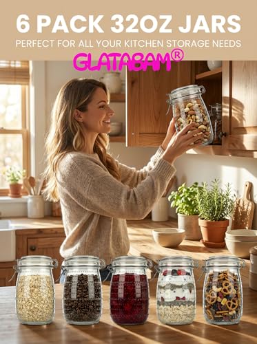 32 OZ Glass Mason Jars with Airtight Clip-Top Lids 6 Pack, Wide Mouth Reusable Glass Storage Jars for Kitchen Pantry, Pickling, Jam, Coffee Beans & Meal Prep (32 oz)