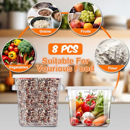 Suclain 8 Pack 4 QT and 6 QT Food Storage Containers with Lids Scales Handles Square Clear Restaurant Food Storage Containers Polycarbonate Commercial Grade for Kitchen Marinating Meat Dough(White) - color: White