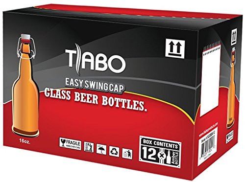 Home Brewing Glass Beer Bottle with Easy Wire Swing Cap & Airtight Rubber Seal -Amber- 16oz - Case of 12 - by Tiabo