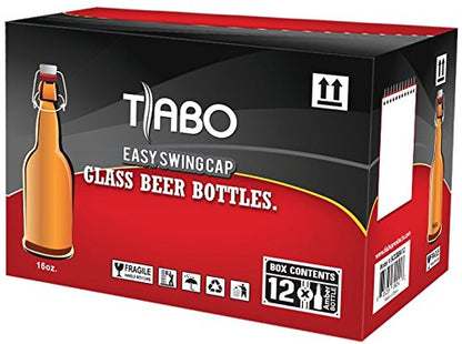 Home Brewing Glass Beer Bottle with Easy Wire Swing Cap & Airtight Rubber Seal -Amber- 16oz - Case of 12 - by Tiabo