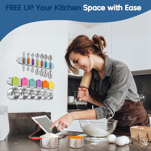 Magnetic Measuring Cups and Spoons Set, 5 Nesting Stainless Steel Measuring Cup Set with Easy to Read Markings, 7 Magnetic Measuring Spoons & 1 Leveler for Measuring Dry or Liquid Ingredients - style: A-Magnetic 13PCS