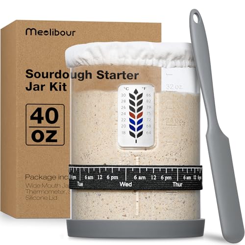 Premium Pro Sourdough Starter Jar Kit - 40oz Large Wide Mouth Sourdough Bread Jar with Marked Feeding Band, Thermometer, Scraper, Cloth Cover and Silicone Lid/Base, Glass Container, Baking Supplies