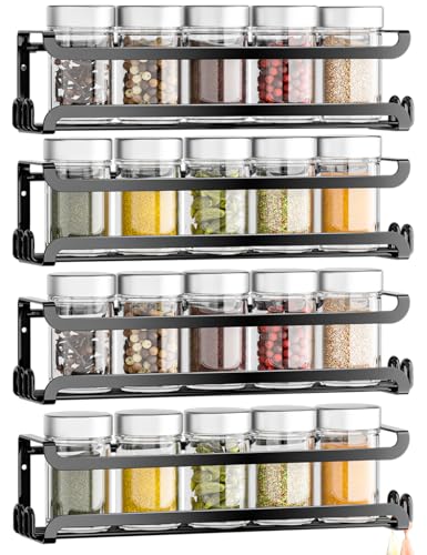LUCYCAZ 4 Pack Wall Mounted Spice Rack for Kitchen Cabinet,RV,Camper,Black | 16 Metal Hooks, Space-Saving,Screw or Adhesive Spice Shelf Hanging,for Pantry Door Spice Jars & Seasonings,11.41×2.75×2.36in - color: Black, size: 4 PACK