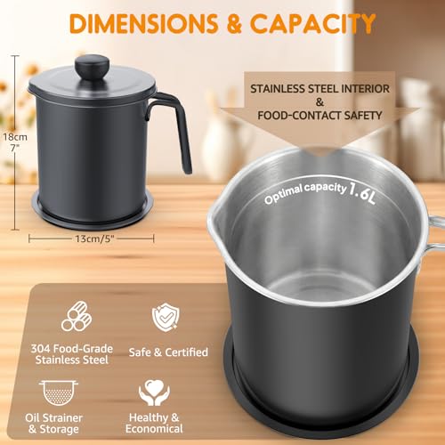 Chihee Grease Container Stainless Steel 2L / 67.6 fl oz Fine Mesh Strainer | Easy to Clean Large Spout Bacon Grease Saver Cooking Oil Keeper Stoarge Can with Dust-proof Lid Non-slip Tray Kitchen Frying - color: Gray(2L)