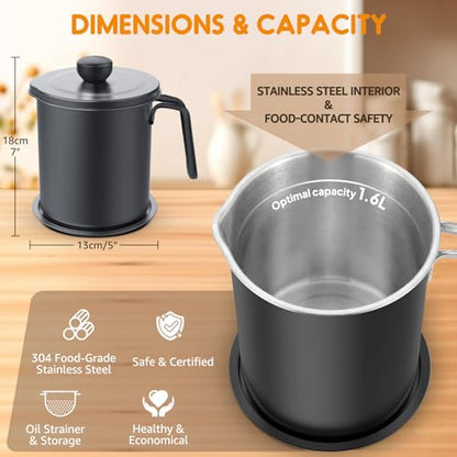 Chihee Grease Container Stainless Steel 2L / 67.6 fl oz Fine Mesh Strainer | Easy to Clean Large Spout Bacon Grease Saver Cooking Oil Keeper Stoarge Can with Dust-proof Lid Non-slip Tray Kitchen Frying - color: Gray(2L)
