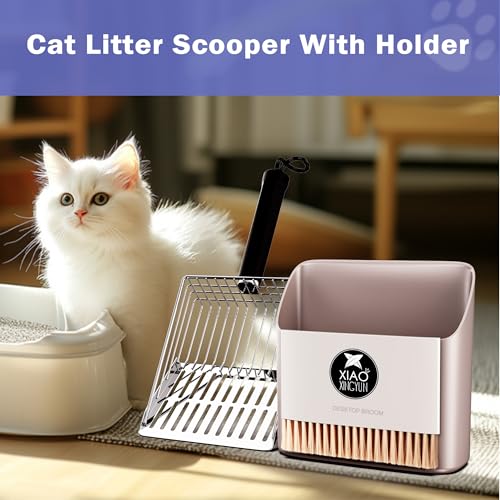 Cat Litter Scooper with Holder, Metal Litter Scoop Includes Portable Small Broom and Dustpan Set, Heavy Duty Stainless Steel Litter Scoop with Coarse and Fine Grid, Quick Sift and Easy Clean - color: Grey