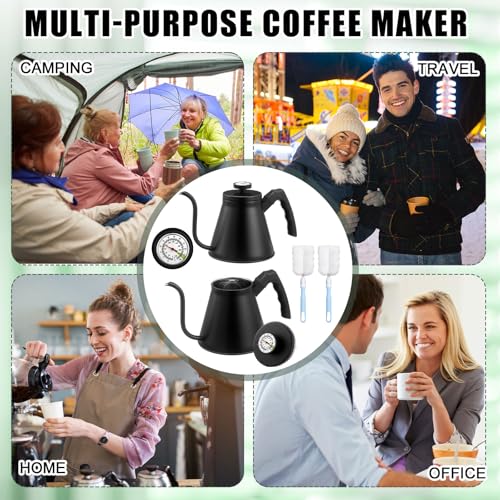 2 Pack 40 oz Gooseneck Kettle with Thermometer Stainless Steel Pour over Coffee Kettle Precision Drip Spout for Stovetop Home Kitchen Camping(Black) - color: Black