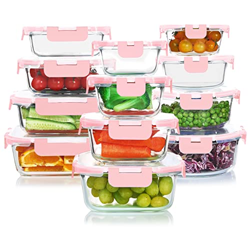KOMUEE 24 Pieces Glass Food Storage Containers Set, Meal Prep Containers, BPA-Free Airtight Glass Storage Containers with lids,Freezer, Microwave and Oven Safe,Pink - color: Pink