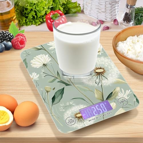 Sage Green Dandelion01 Food Scale Kitchen Digital Scale Food Ounces and Grams Dieting Baking Cooking Waterproof Glass Panels LCD Display,4 Units Tare Function - color: Sage Green Dandelion01