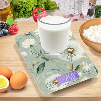 Sage Green Dandelion01 Food Scale Kitchen Digital Scale Food Ounces and Grams Dieting Baking Cooking Waterproof Glass Panels LCD Display,4 Units Tare Function - color: Sage Green Dandelion01