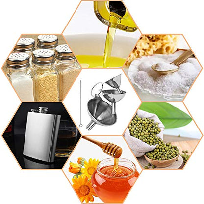 3-Piece Stainless Steel Kitchen Funnel Set with 2 Brushes - Stackable Metal Funnels for Essential Oils, Perfume Bottles, Spices, Liquids & Dry Ingredients (Food-Grade, Rust-Proof)